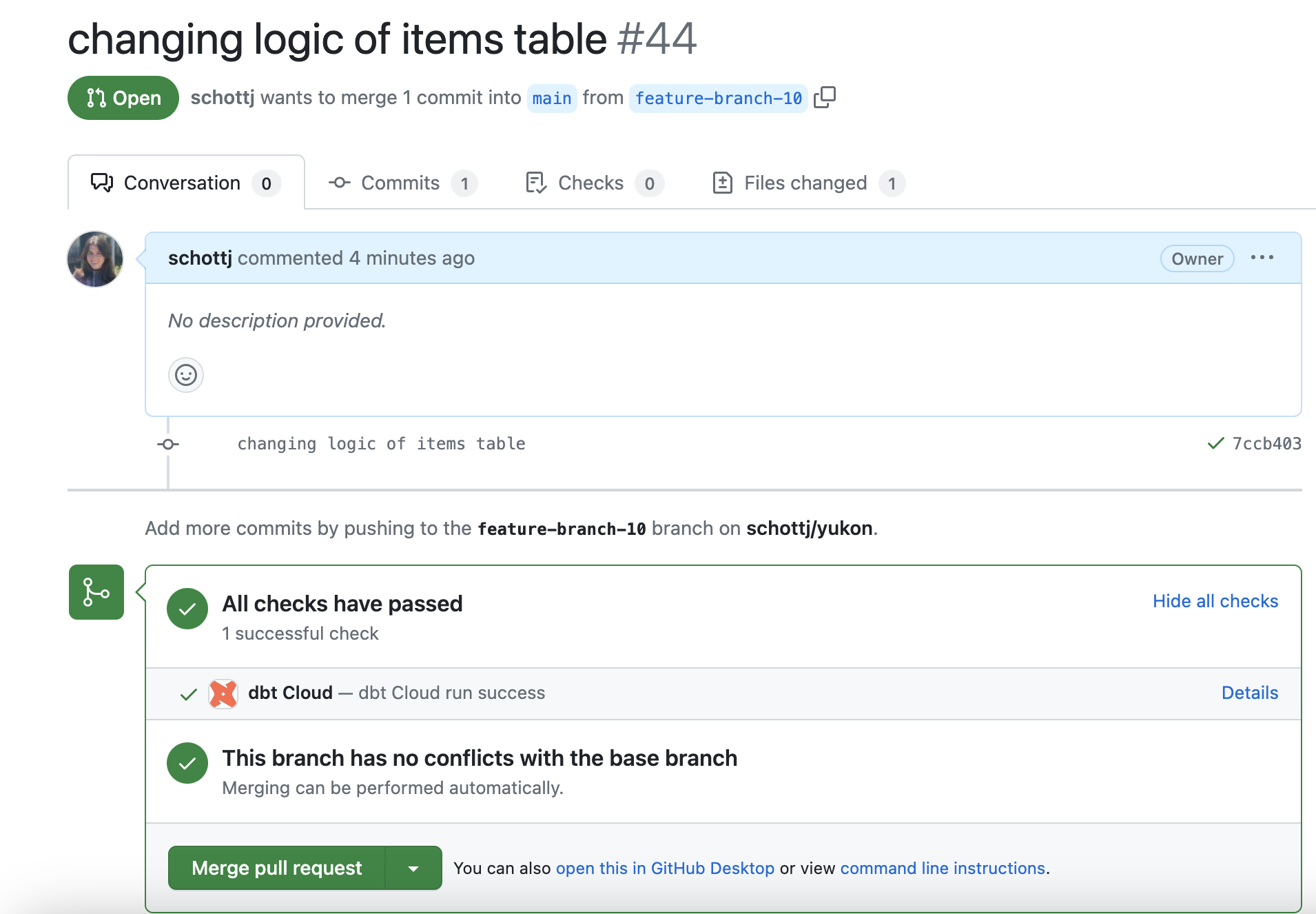 Example of CI check in GitHub pull request